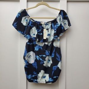 Urban‎ Rose Off-Shoulder Puff Sleeve Cotton Crop Top White & Blue Women’s…